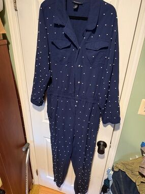 Ashley Stewart Navy Blue Jumpsuit with Pearl Dot Accents fully beaded on front